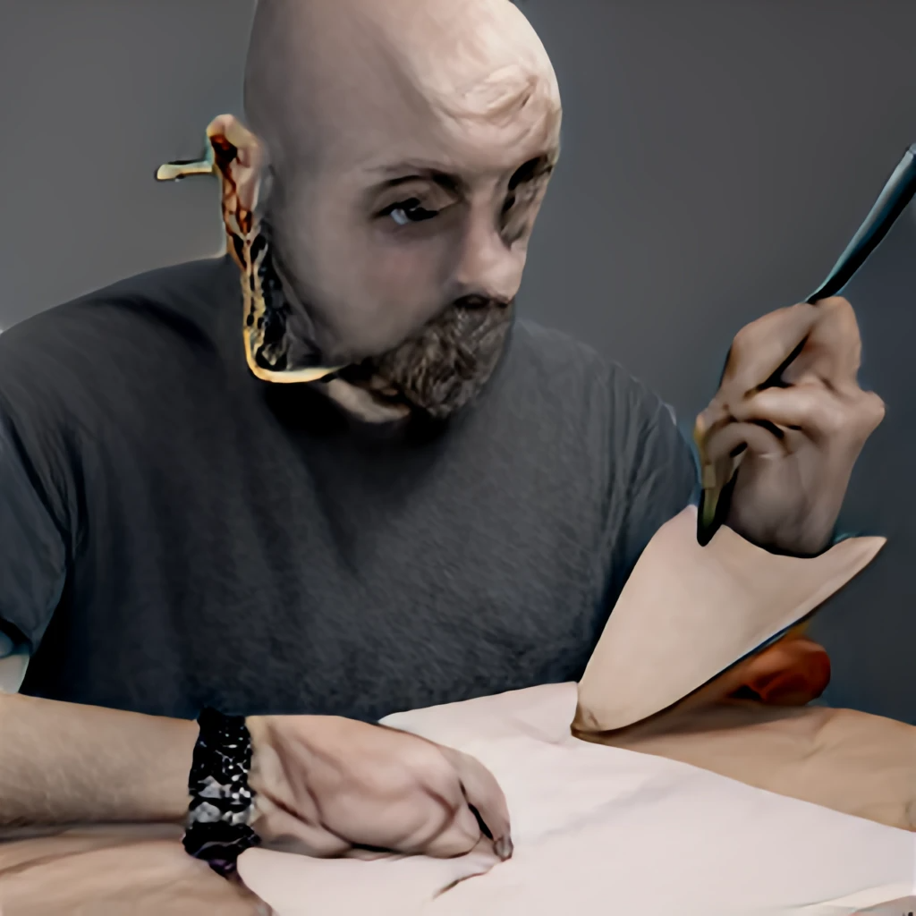 man with a fountain pen for a hand
